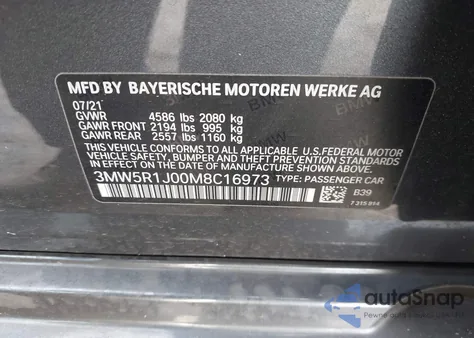 2021 BMW 330I z USA, uszkodzony, nr VIN 3MW5R1J00M8C16973